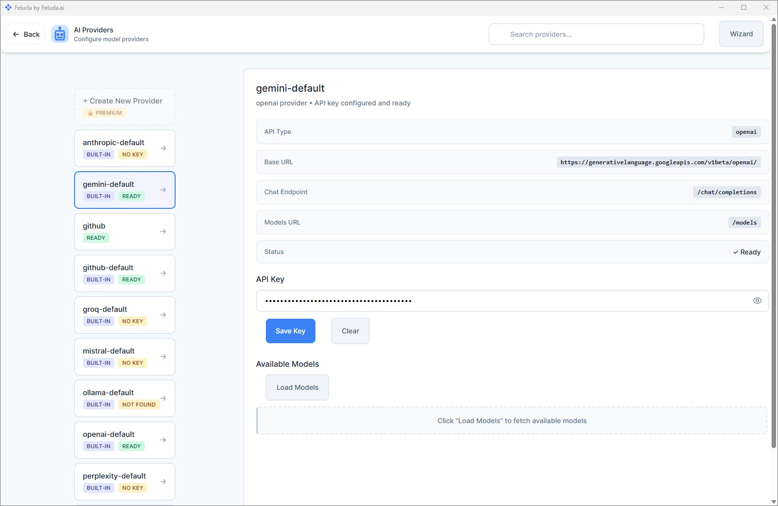 Feluda — configuring a local AI provider endpoint