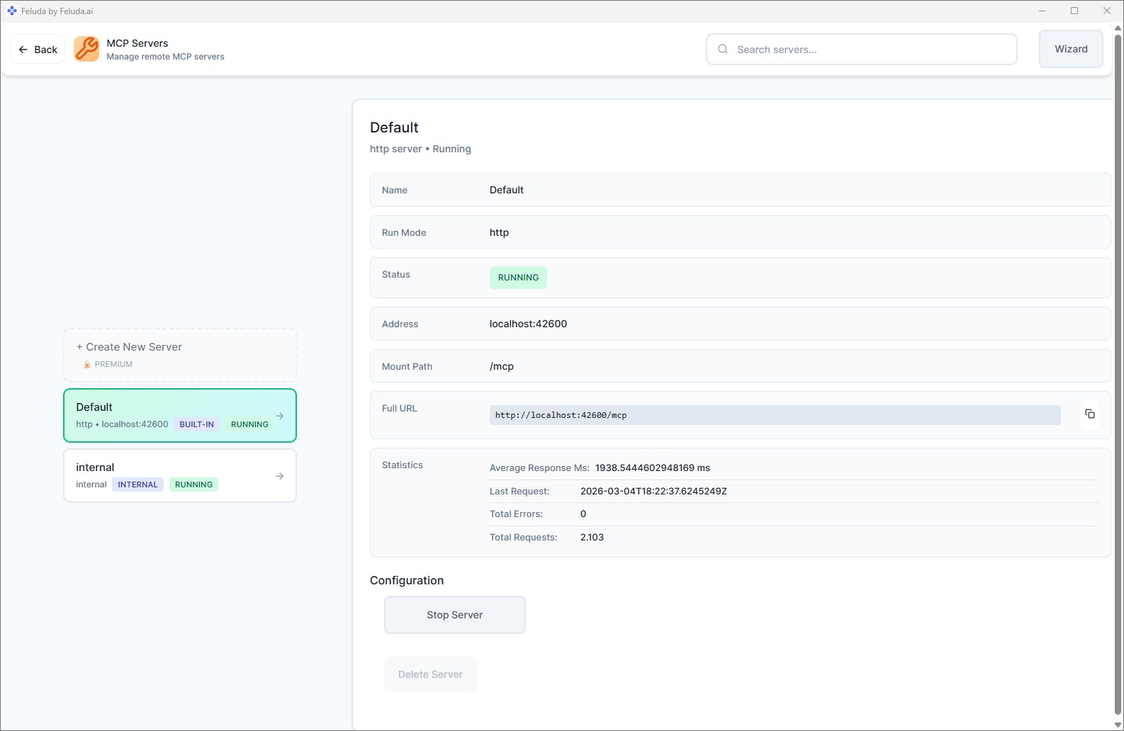 Feluda desktop app MCP page showing available tools and server status