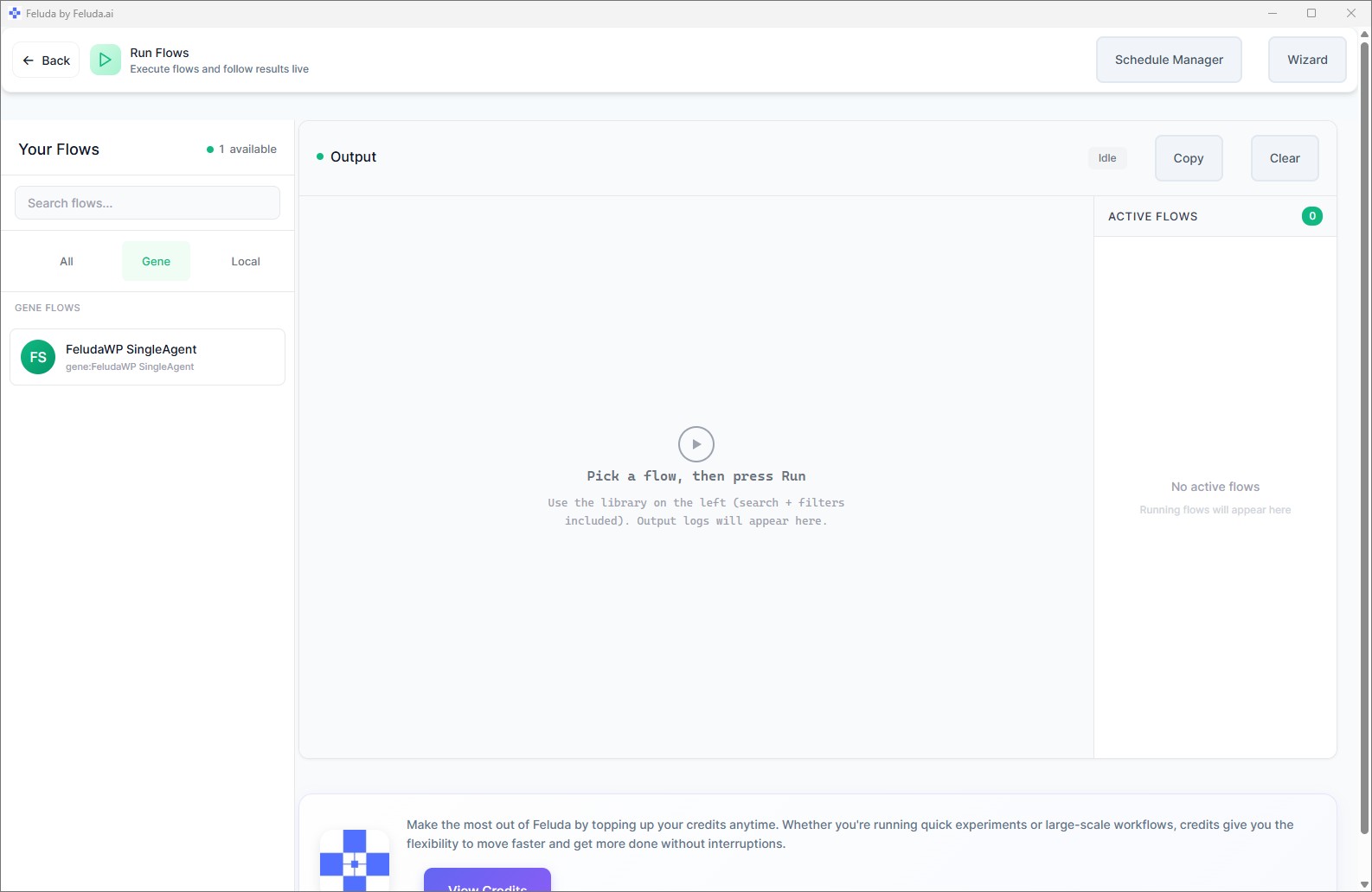 Feluda RunFlows page — overview of available flows