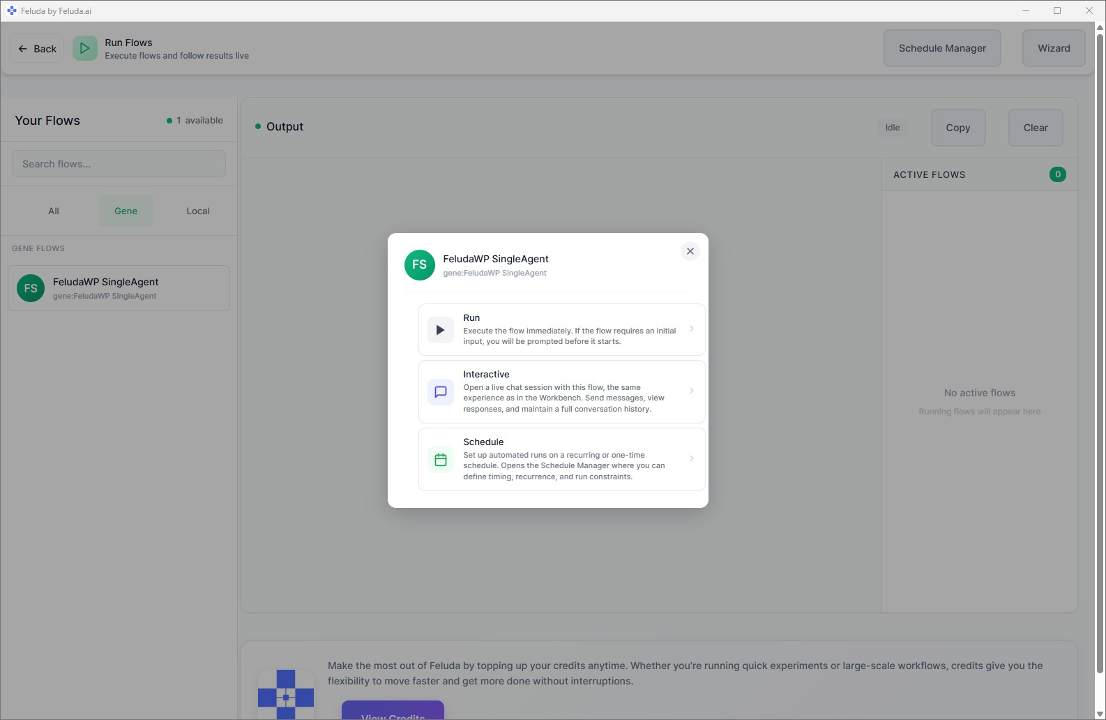 Feluda RunFlows — choose how to start a flow