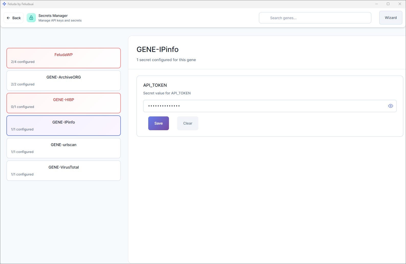 Feluda Secrets page — encrypted credential vault