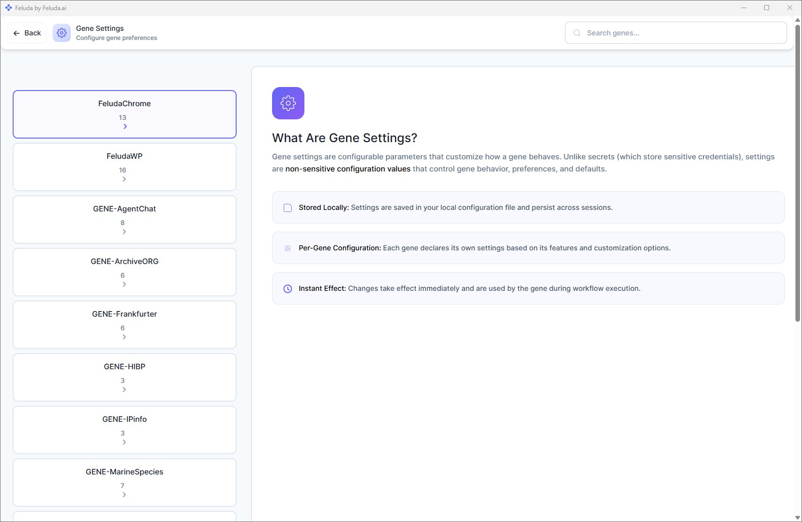 Feluda Settings page — application configuration