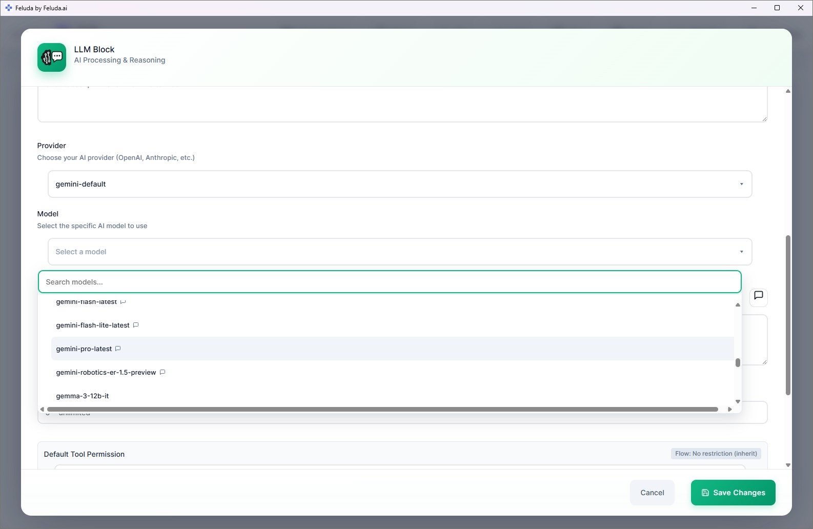 Feluda Studio — configuring an AI model inside a block