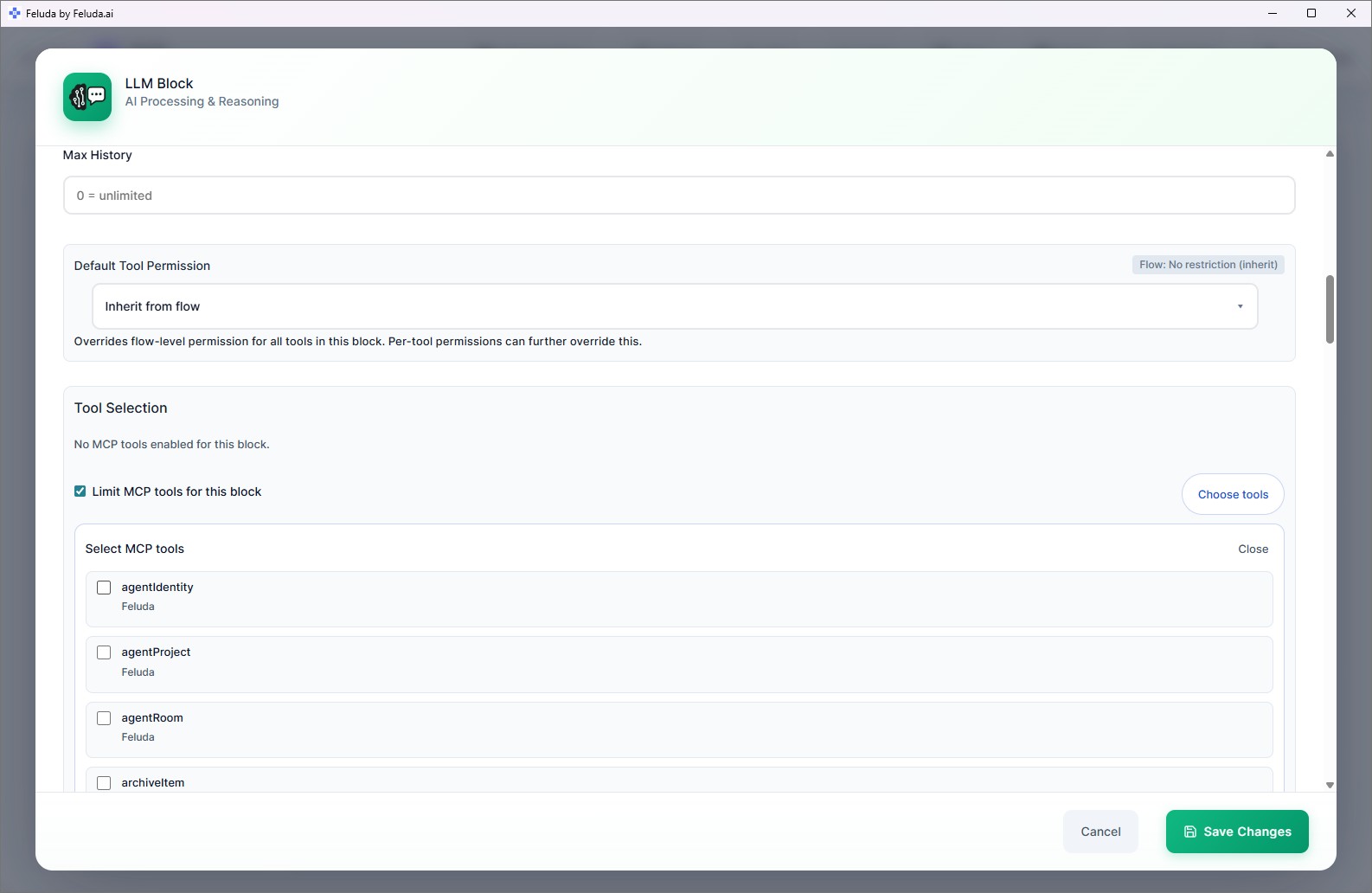 Feluda Studio — configure a local LLM in a workflow block with tools