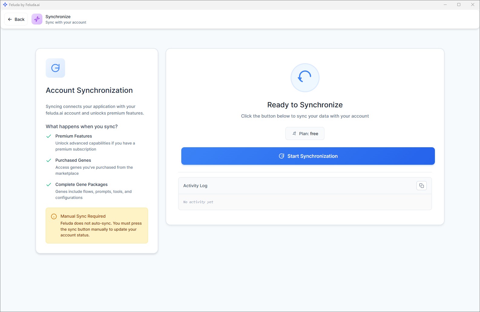 Feluda Synchronize page — manual sync control