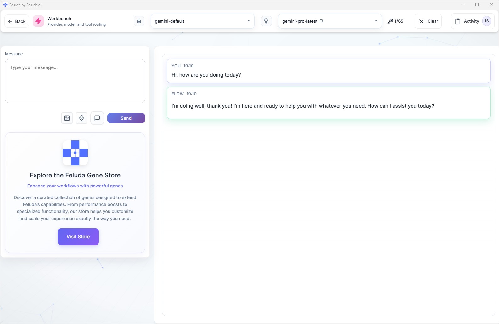 Feluda Workbench — chatting with a local AI model