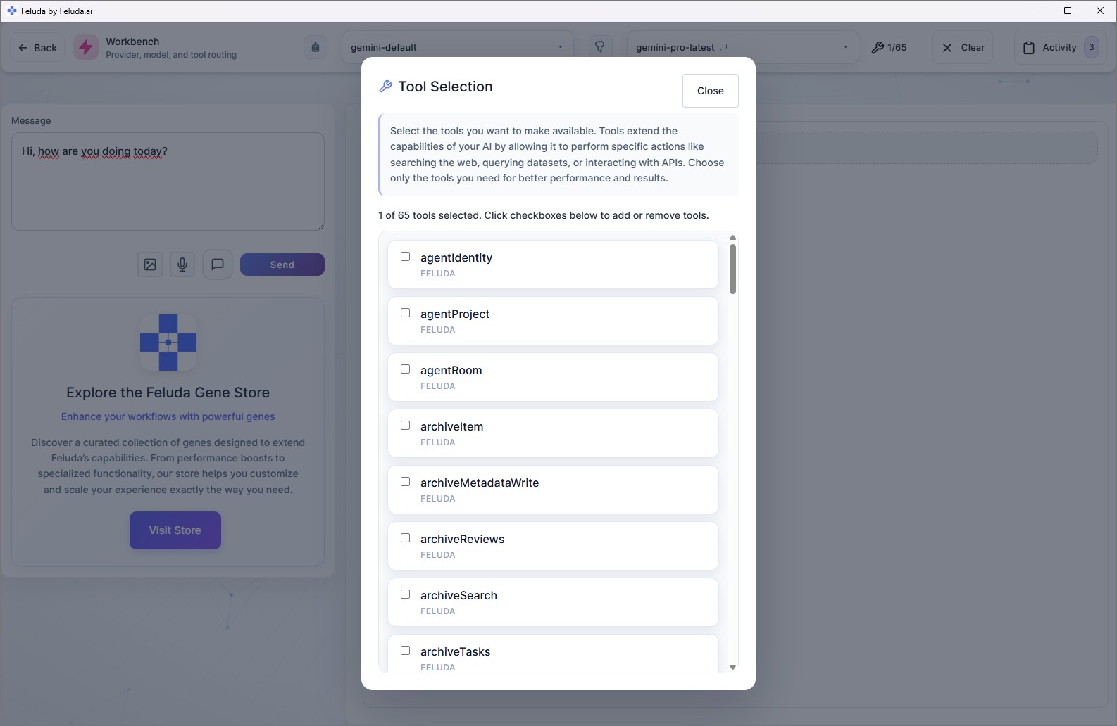 Feluda Workbench — local AI chat with tool selection