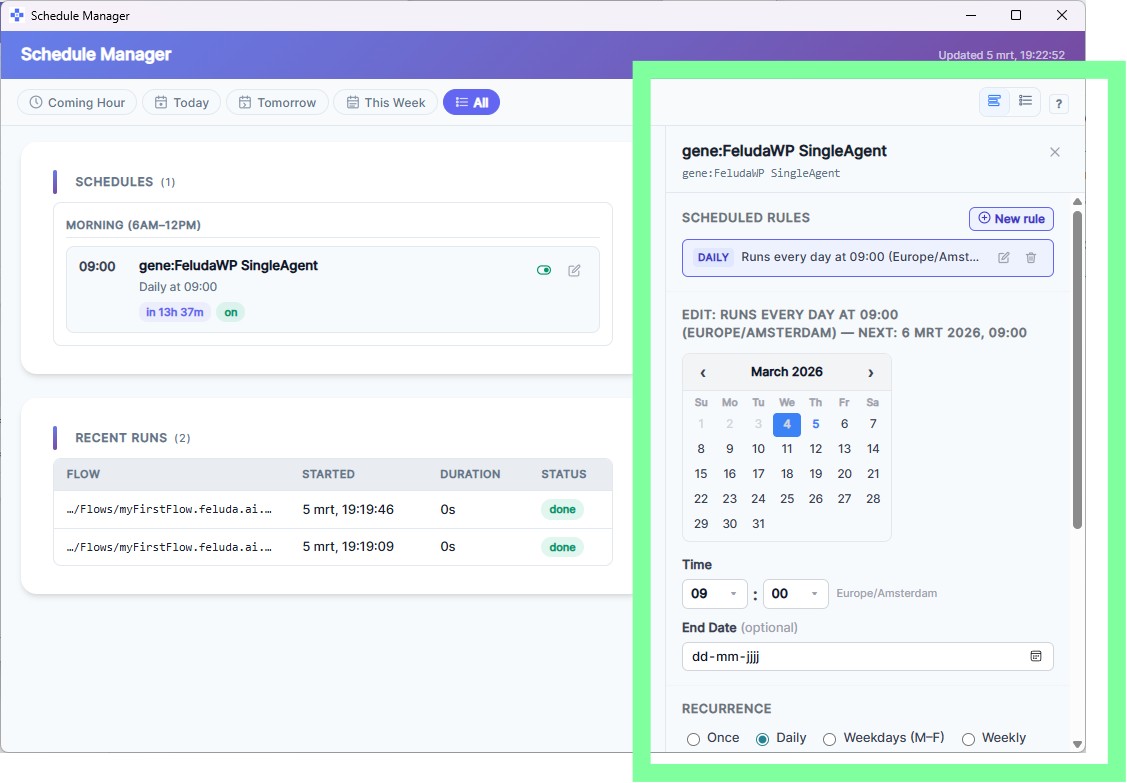 Configuring a scheduled flow run in Feluda