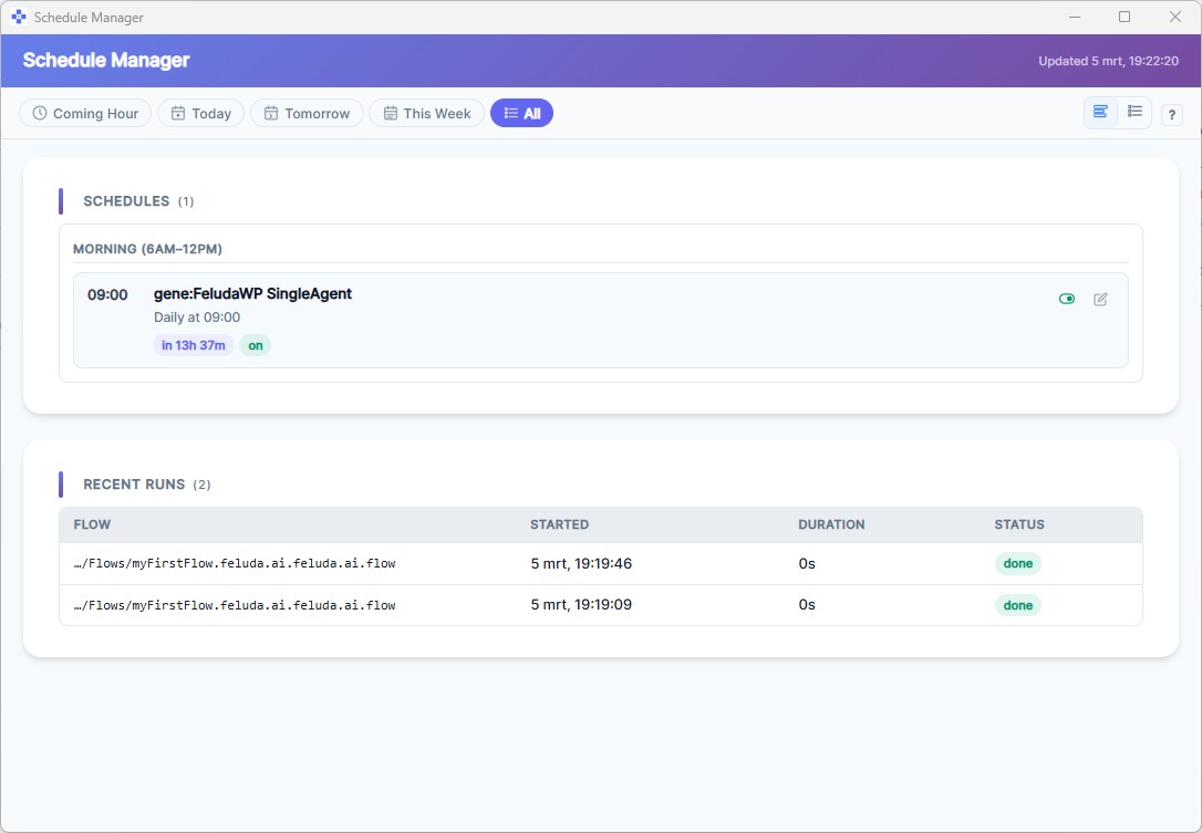 Schedule Manager window showing scheduled flows