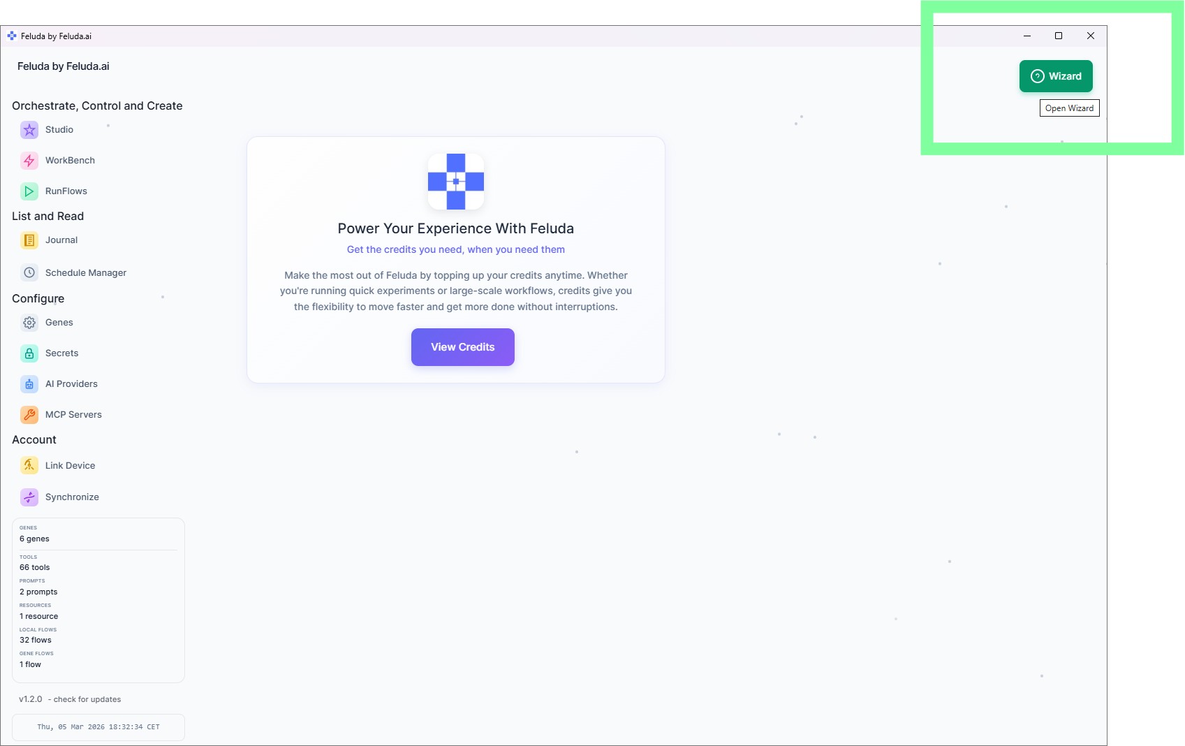 Feluda Dashboard with Wizard button highlighted