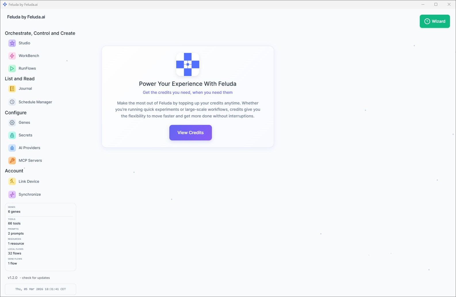 Feluda Dashboard on first launch showing sidebar navigation and stats card