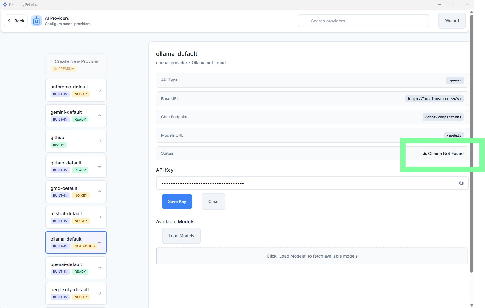 Ollama provider not running — connection warning in Feluda