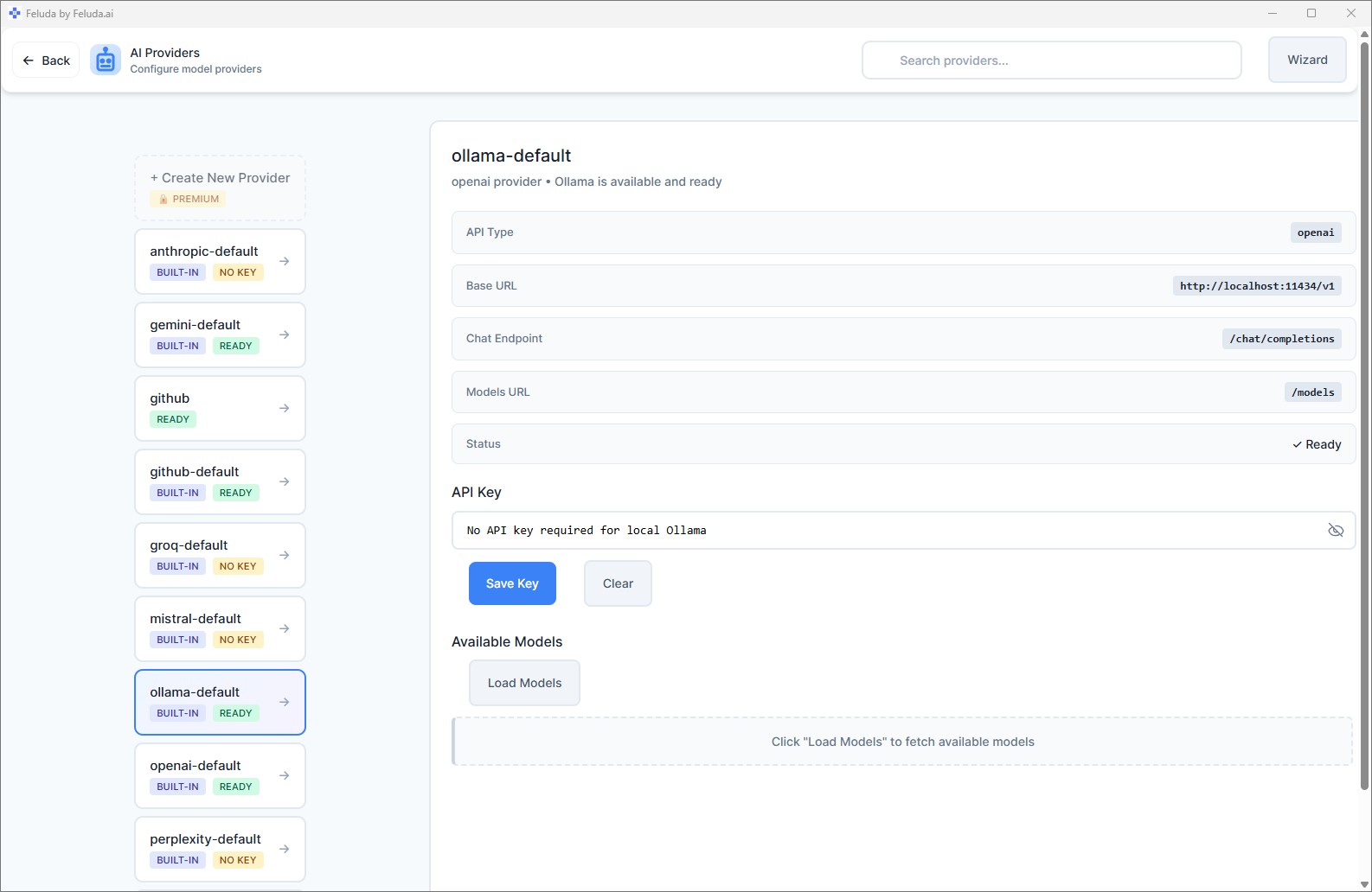 Ollama provider connected and ready in Feluda
