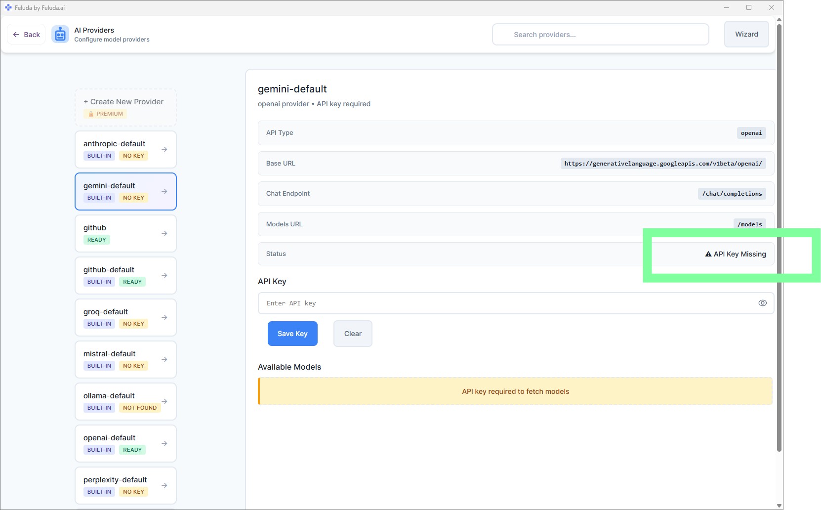 OpenAI provider page showing empty API key field