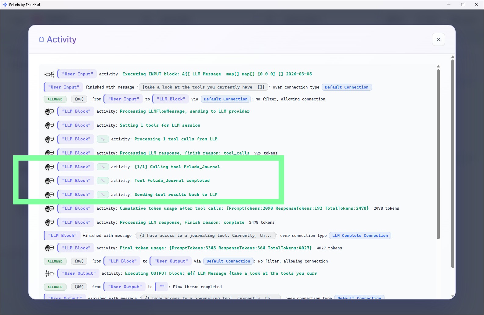 Workbench Activity log showing Journal tool usage details