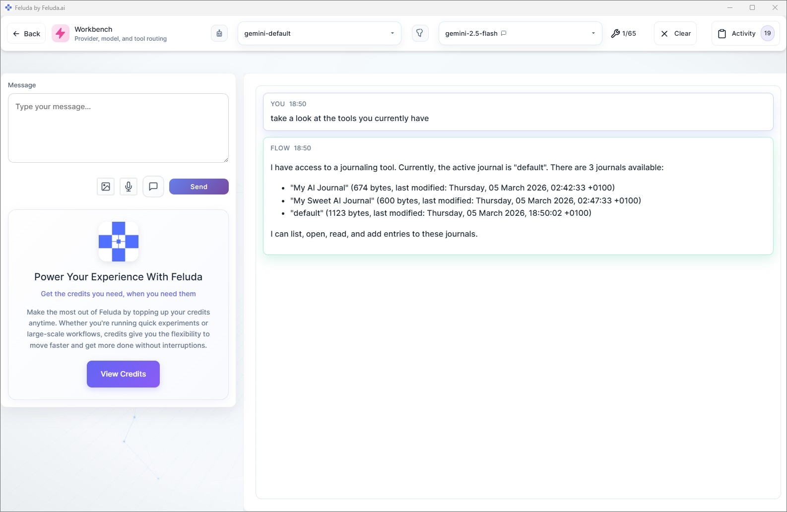 Workbench conversation showing AI using the Journal tool