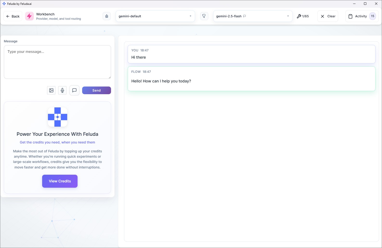 First message and AI response in the Feluda Workbench