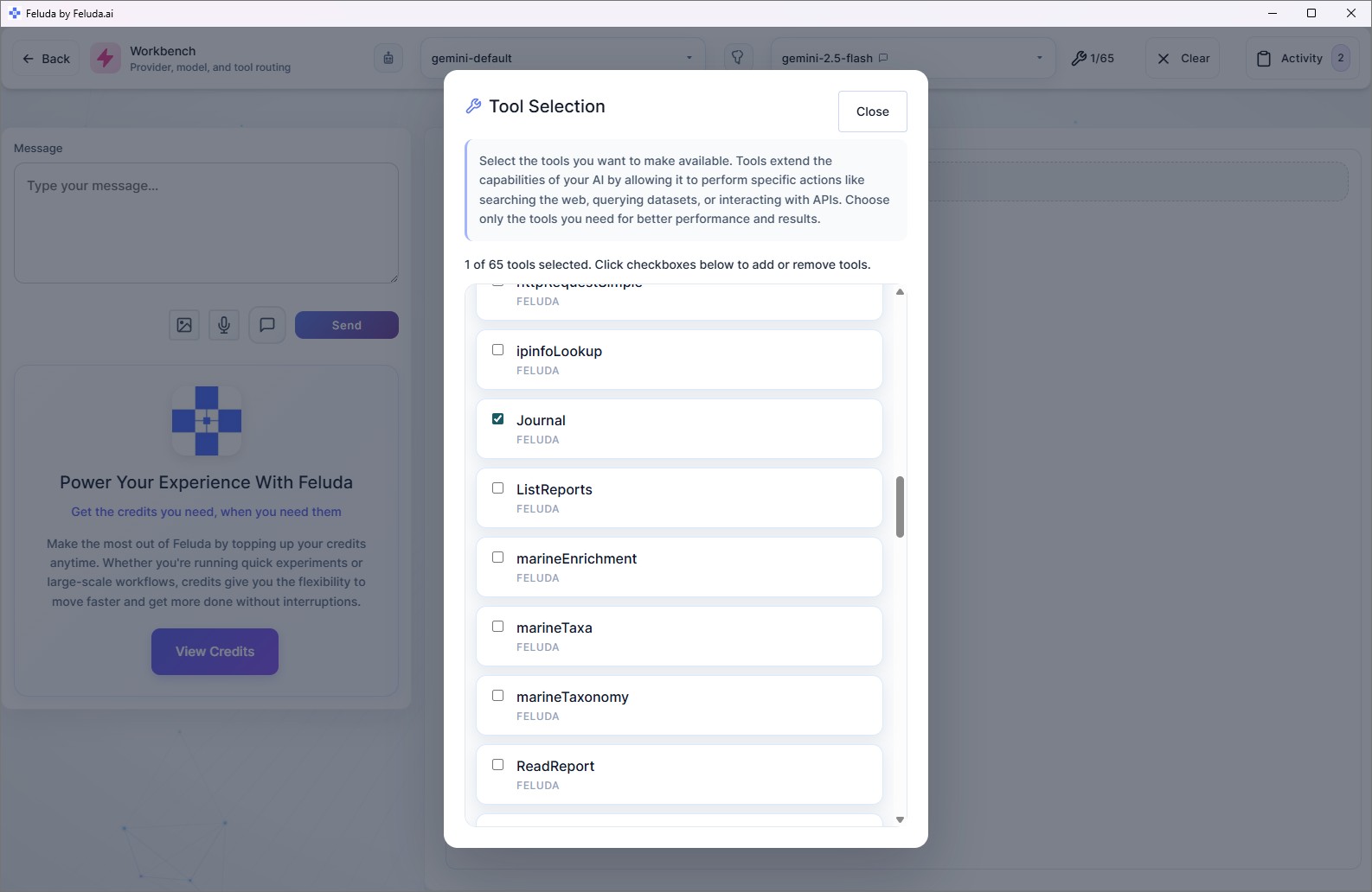 Workbench tool list showing available tools to enable