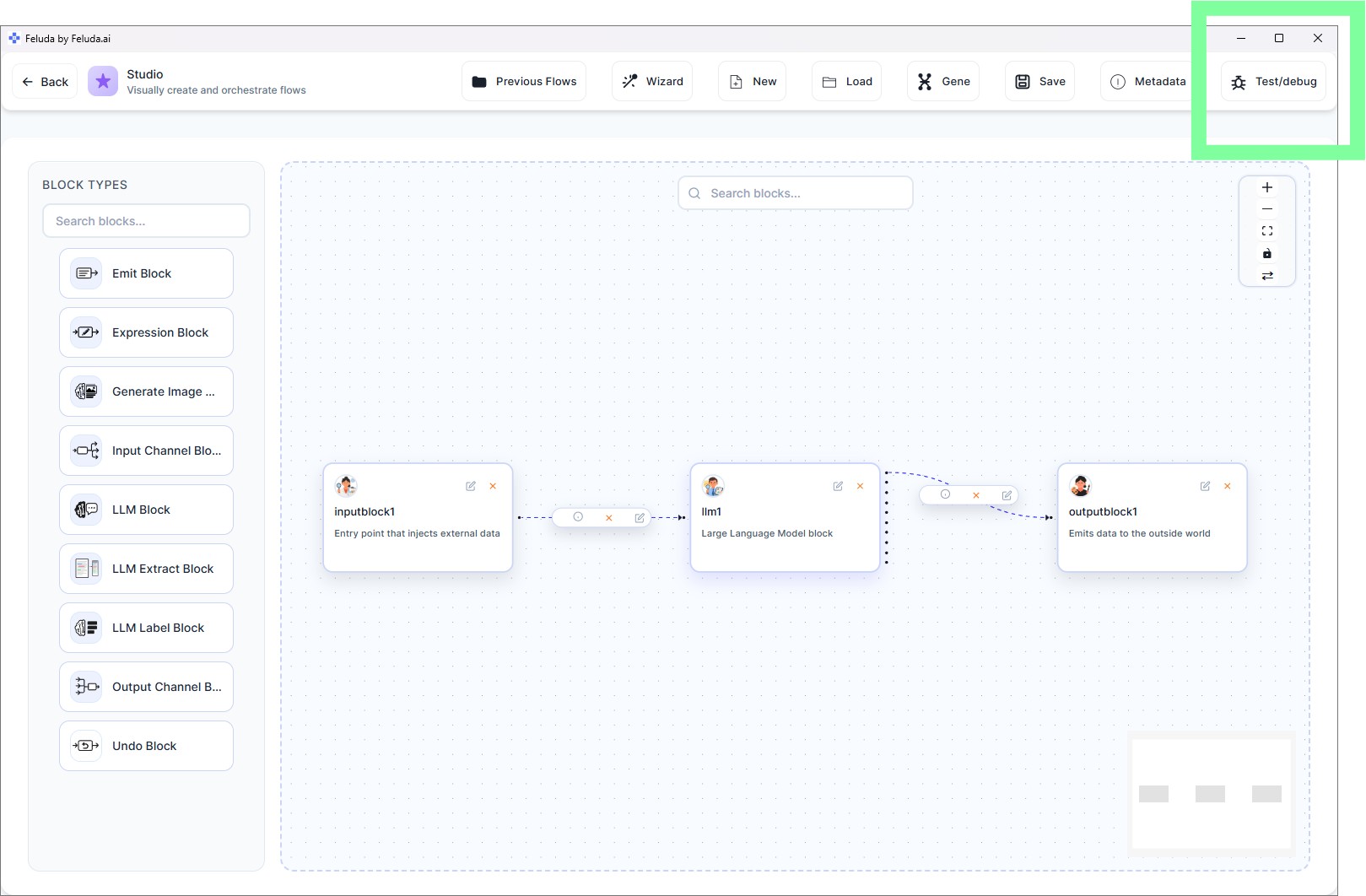 Studio canvas button that opens Workbench for direct flow testing