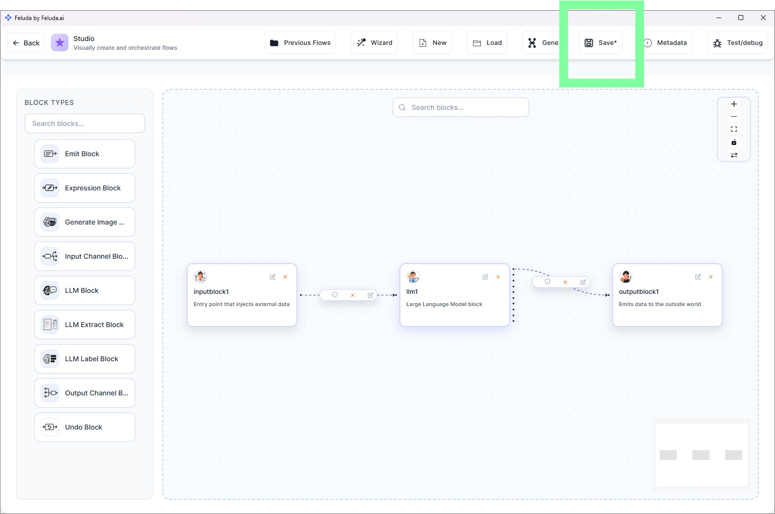Studio header with Save button highlighted