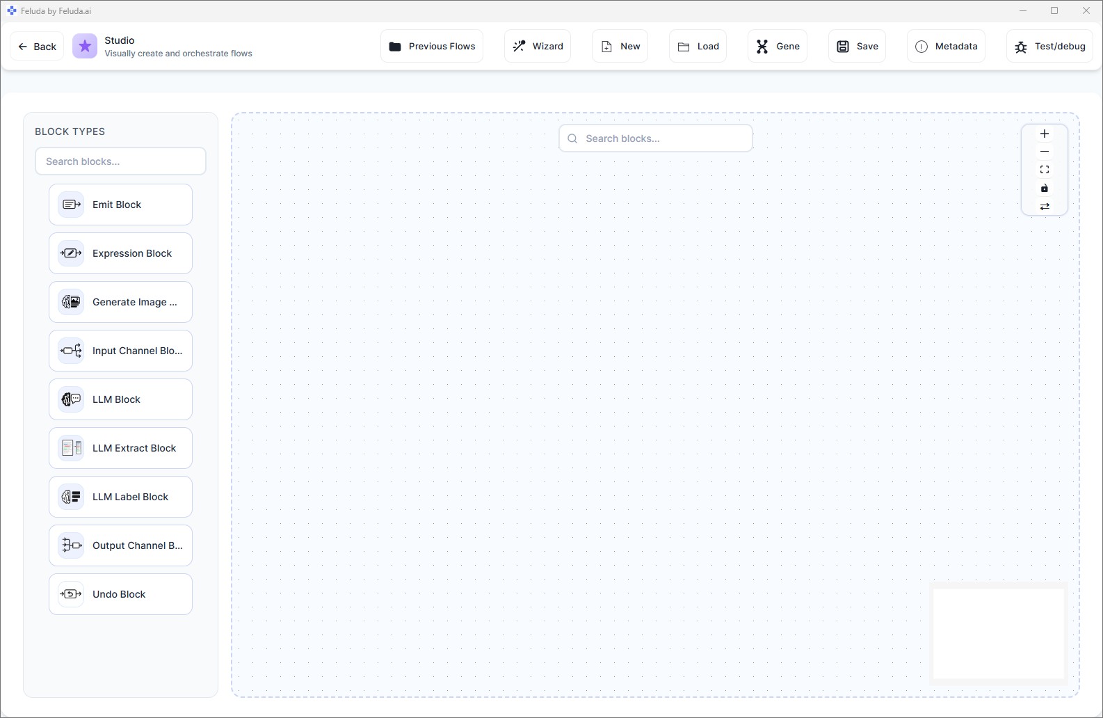 Empty Feluda Studio canvas ready for your first flow