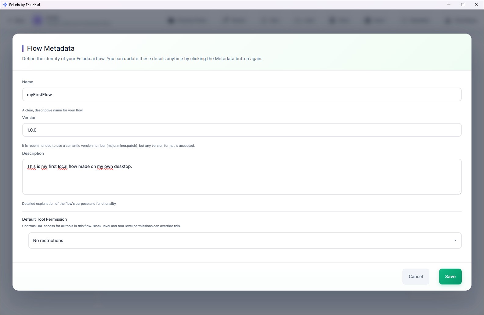 Save flow dialog with name and details entered