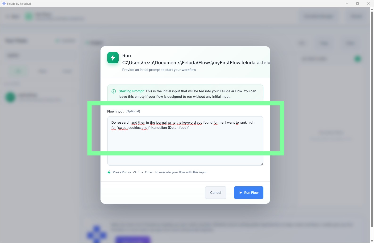 RunFlows input prompt asking for a starting message