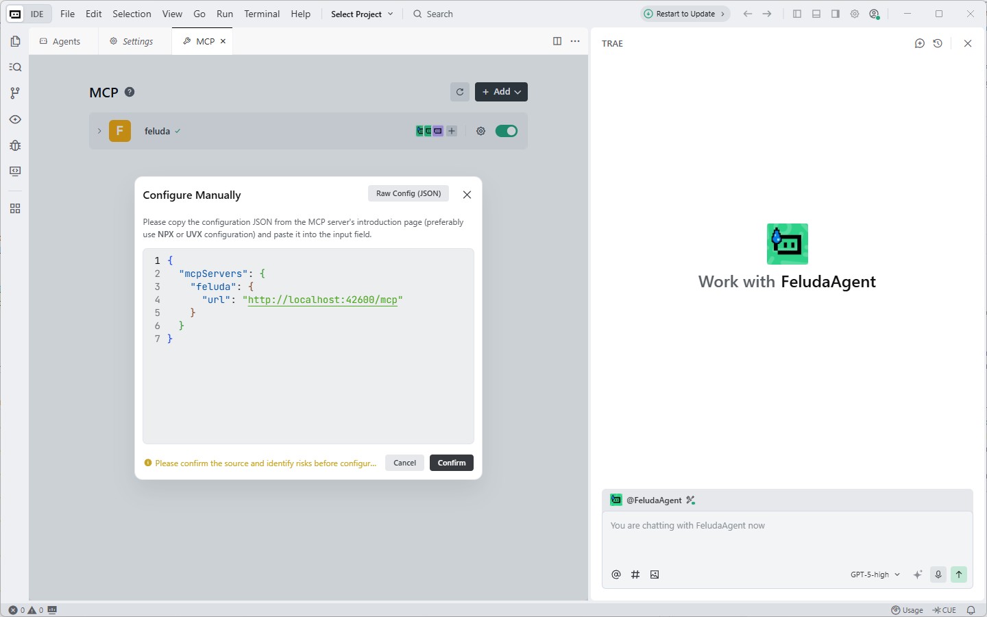 Trae.ai settings page showing Feluda MCP configuration details being entered