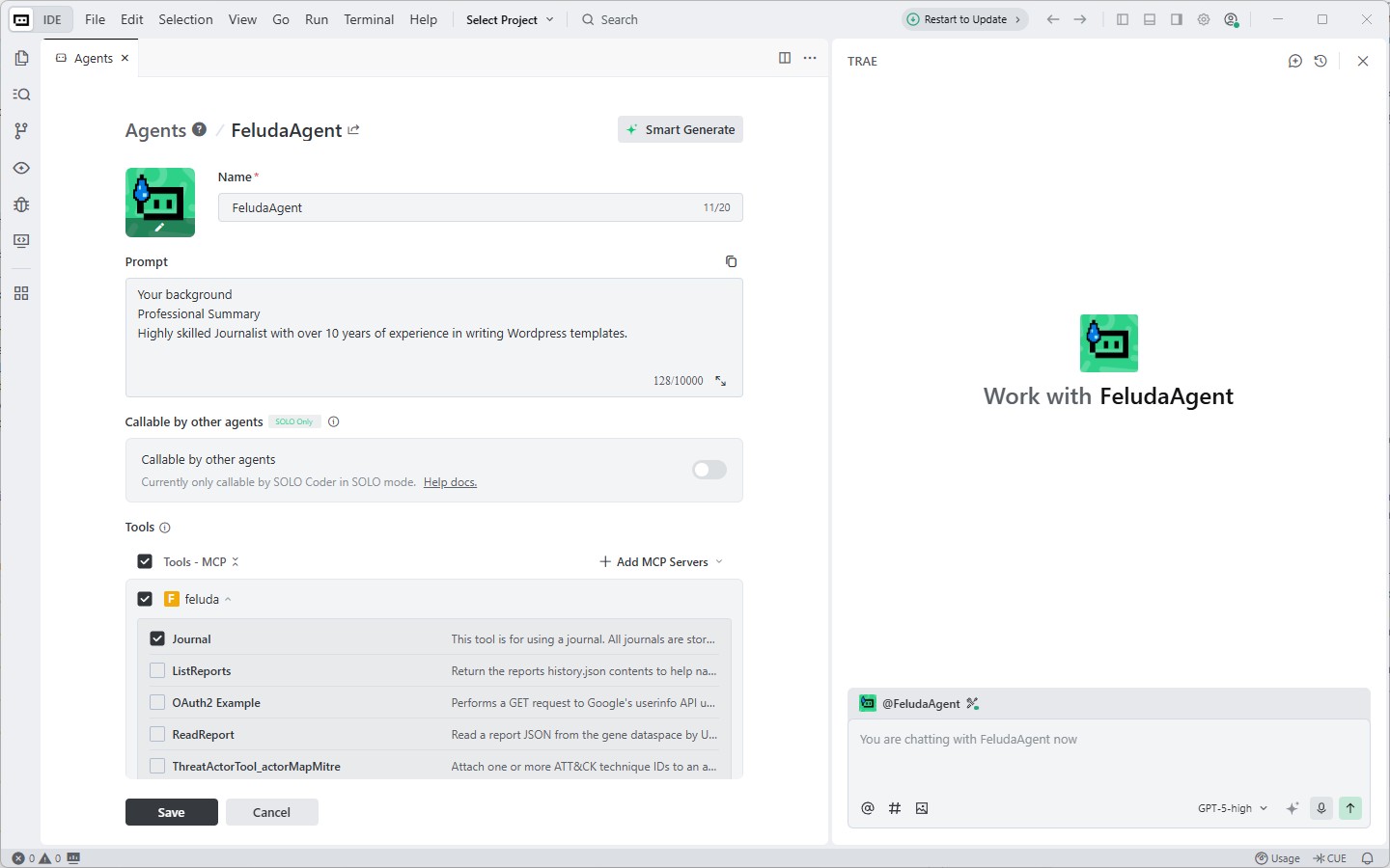 Trae.ai MCP settings showing Feluda enabled with a list of available tools