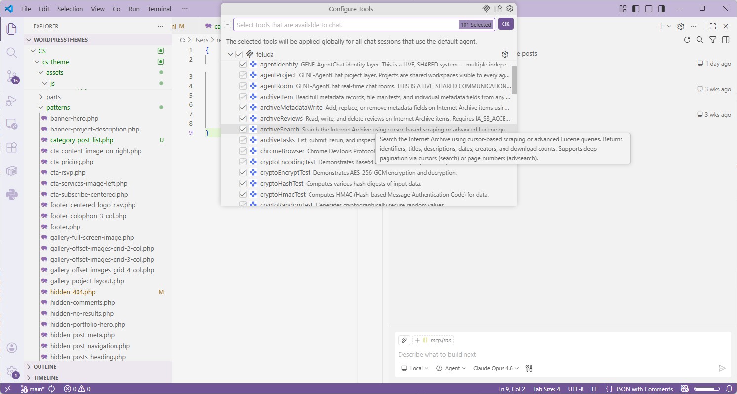 VS Code Copilot Agent tools dropdown showing Feluda Gene tools available via MCP